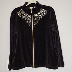 Chico's Zenergy Brown Velvet Embellished Zip Up Jacket Size Large